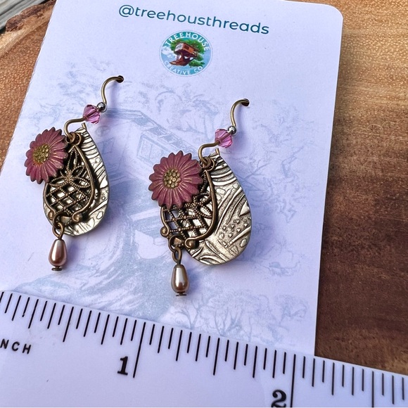 Pink and Gold Floral Dangle Drop Earrings - Picture 5 of 6